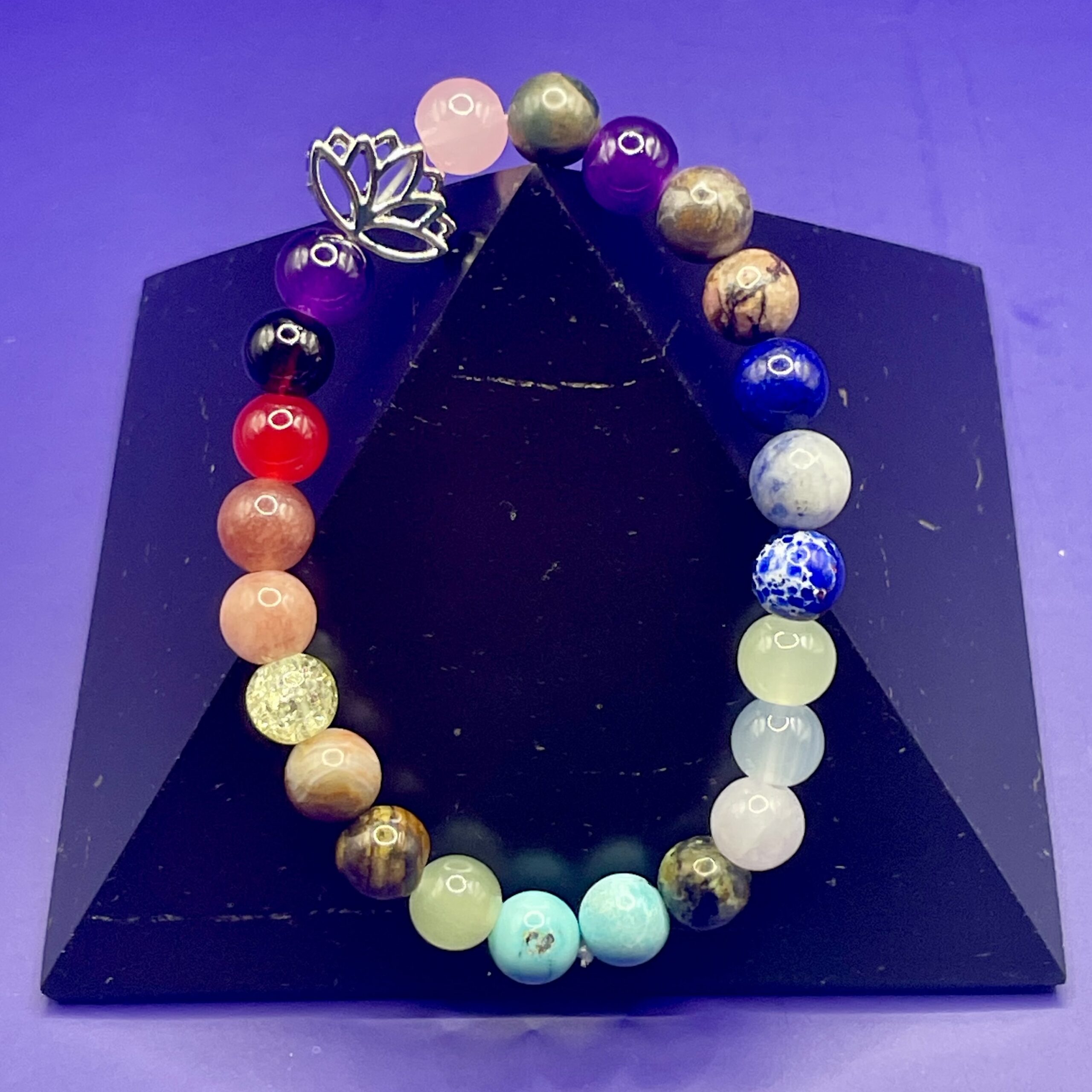 8mm Doğal Taşlarla Bohem Lotus Çakra Germe Bilekliği - 7 Enerji Merkezi Dengeleyici